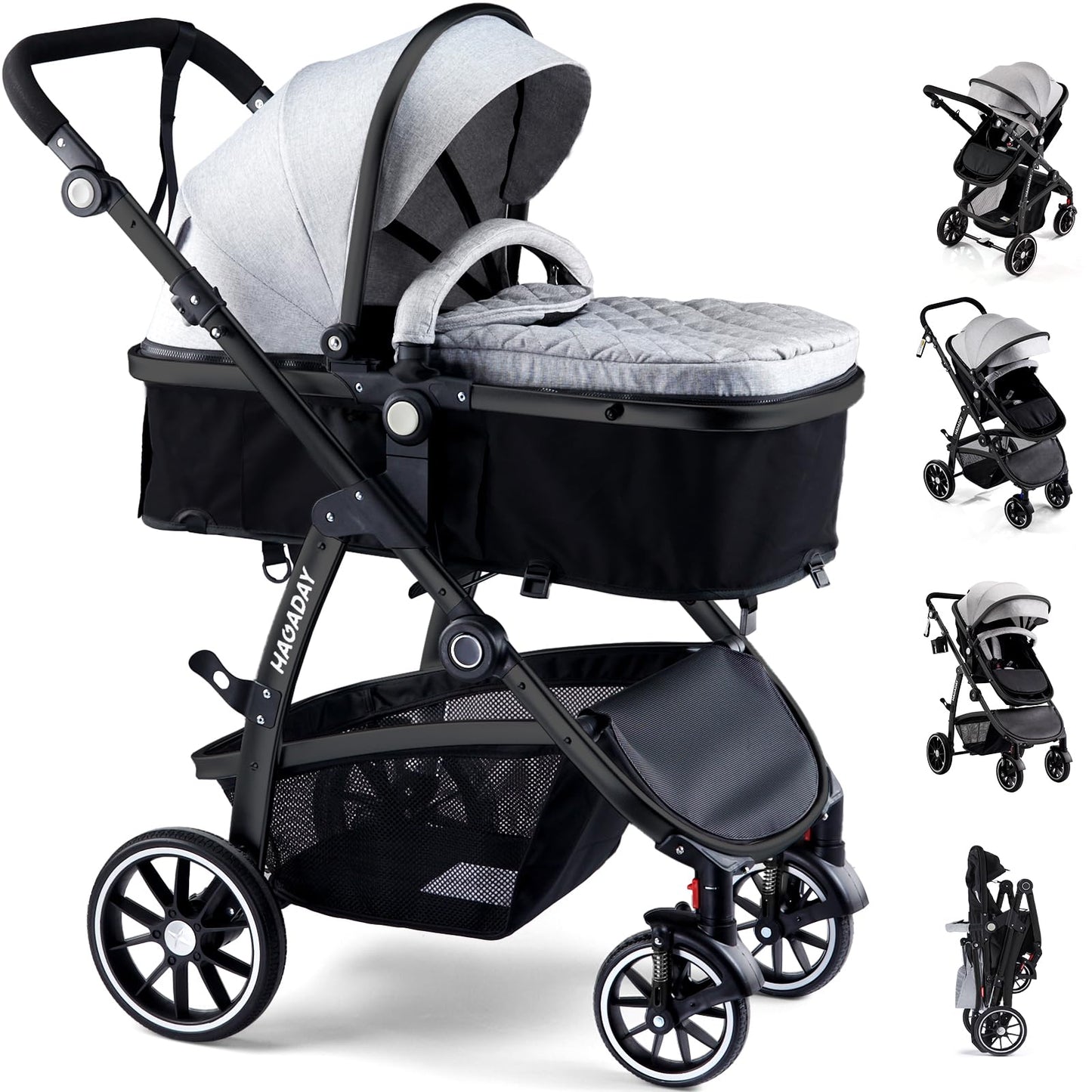 Hagaday Baby Stroller, 2-in-1 Reversible Toddler Seat with Bassinet Mode, Foldable Infant Stroller with Canopy, One Button Brake, Adjustable Handle, Newborn Pushchair(Blue)