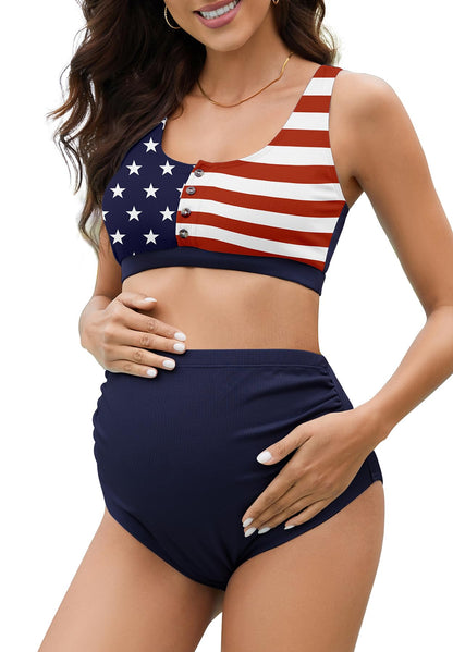 Zando High Waist Maternity Swimsuit Two Piece Pregnancy Swimwear Bikini Bathing Suits for Women Maternity Swimsuits