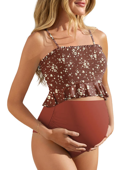 Summer Mae Maternity High Waist Swimsuit Ruffle Hem Bikini Bathing Suit Shirred Bandeau Two Piece Pregnancy Swimwear