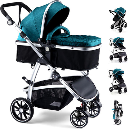 Hagaday Baby Stroller, 2-in-1 Reversible Toddler Seat with Bassinet Mode, Foldable Infant Stroller with Canopy, One Button Brake, Adjustable Handle, Newborn Pushchair(Blue)