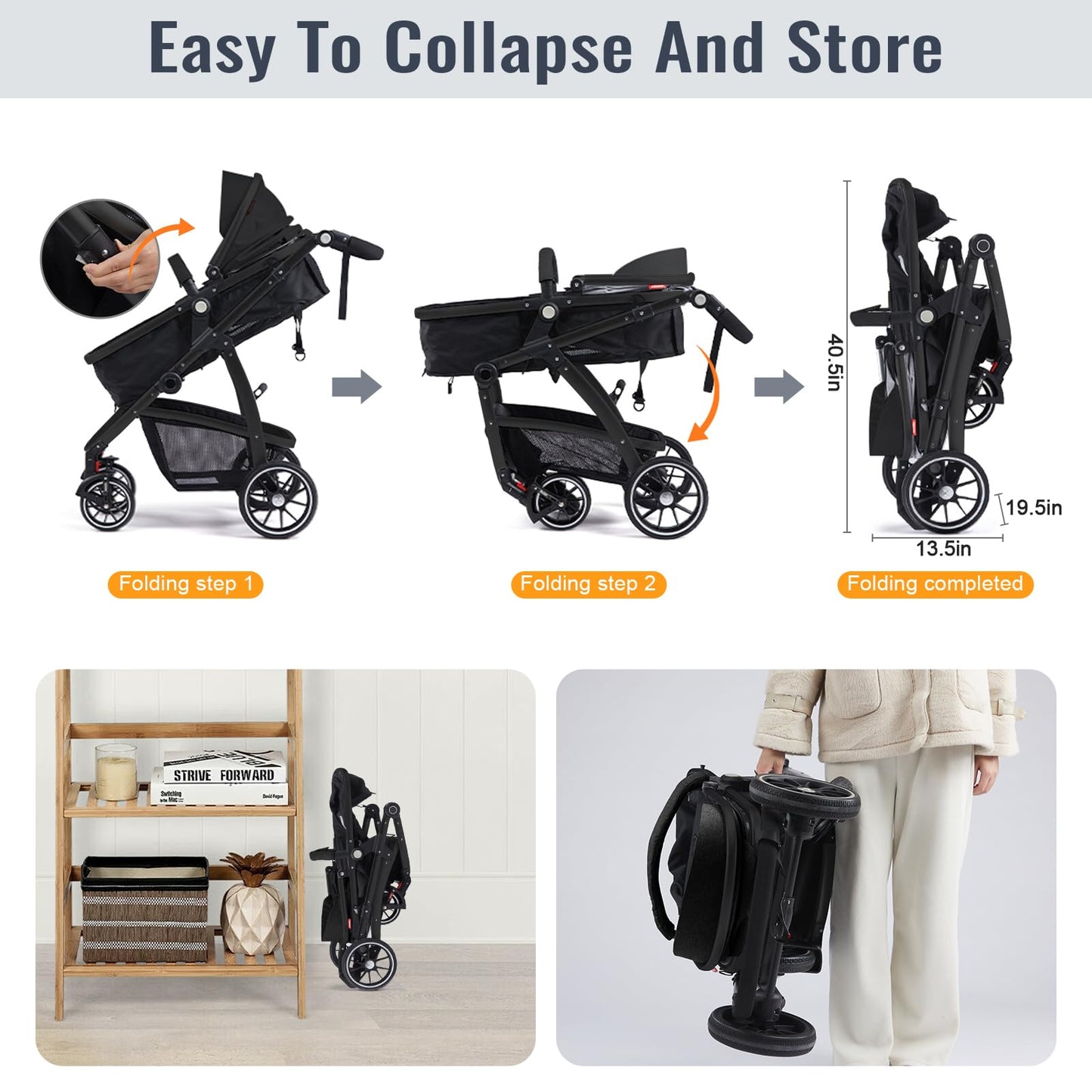 Hagaday Baby Stroller, 2-in-1 Reversible Toddler Seat with Bassinet Mode, Foldable Infant Stroller with Canopy, One Button Brake, Adjustable Handle, Newborn Pushchair(Blue)