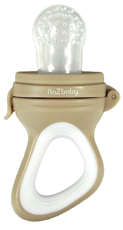 RaZbaby Baby Solids/Frozen Fruit Feeder Pacifier, Infant Teether Toy 6M+, BPA-Free, Safely Introduce Solids, Natural Teething Relief, Dishwasher Safe, Freezable – Blue & Orange 2-Pack