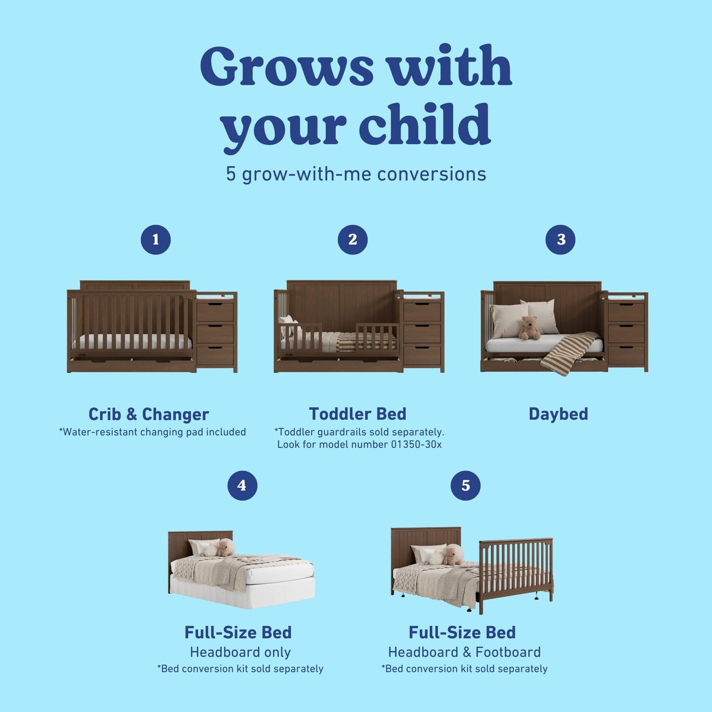 Graco Hadley 5-in-1 Convertible Crib & Changer – GREENGUARD Gold Certified, Fits Standard Crib Mattress, Converts to Toddler Bed and Full Bed, 4 Adjustable Mattress Heights (Pebble Gray)