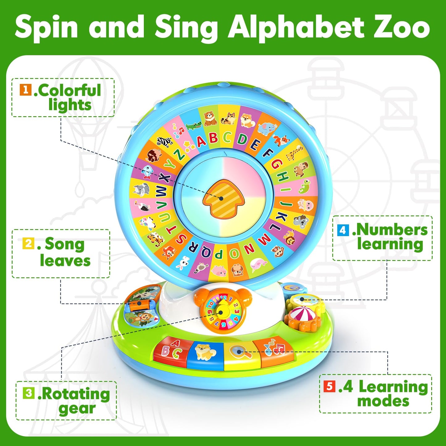 Toys for 1 2 3 Year Old Boys Girls, Spin & Sing ABC Alphabet Learning Zoo with Lights & Sounds, Musical Educational Toy for Toddler 1-3, Christmas 1st Birthday Gifts for Baby Kids Age 12-18 Months+