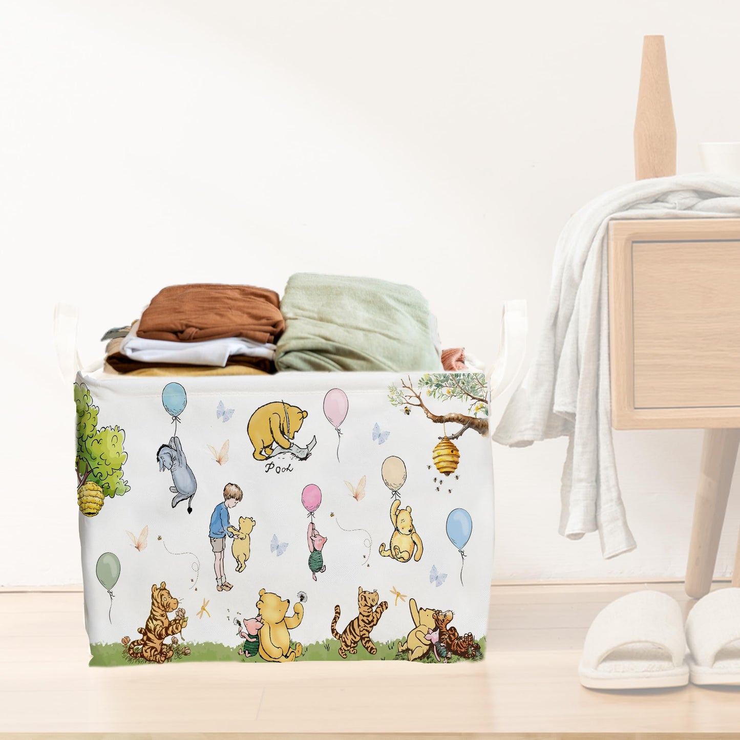 Winnie Nursery Decor, the Pooh Baby Stuff, Winnie Storage Nursery Basket, Large squarecanvas Laundry Hamper With A Waterproof PECoating, Foldable, Toys Bin, Baby Nursery HamperDecor, Star