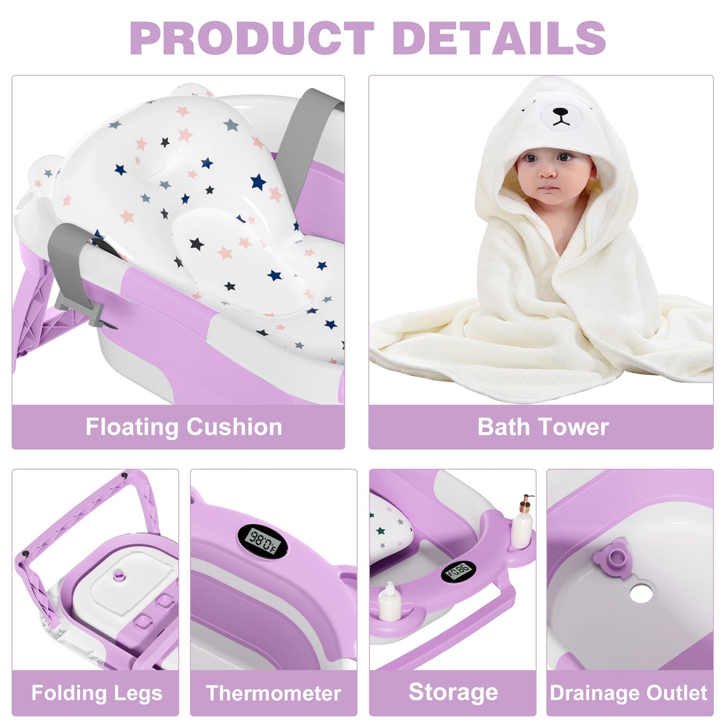 MoreFeel Collapsible Baby Bathtub for Newborn with Thermometer & 1 Hooded Towel & 1 Soft Floating Cushion,Portable Travel Bathtub with Drain Hole, Durable Foldable Baby Tubs for Infants to Toddler