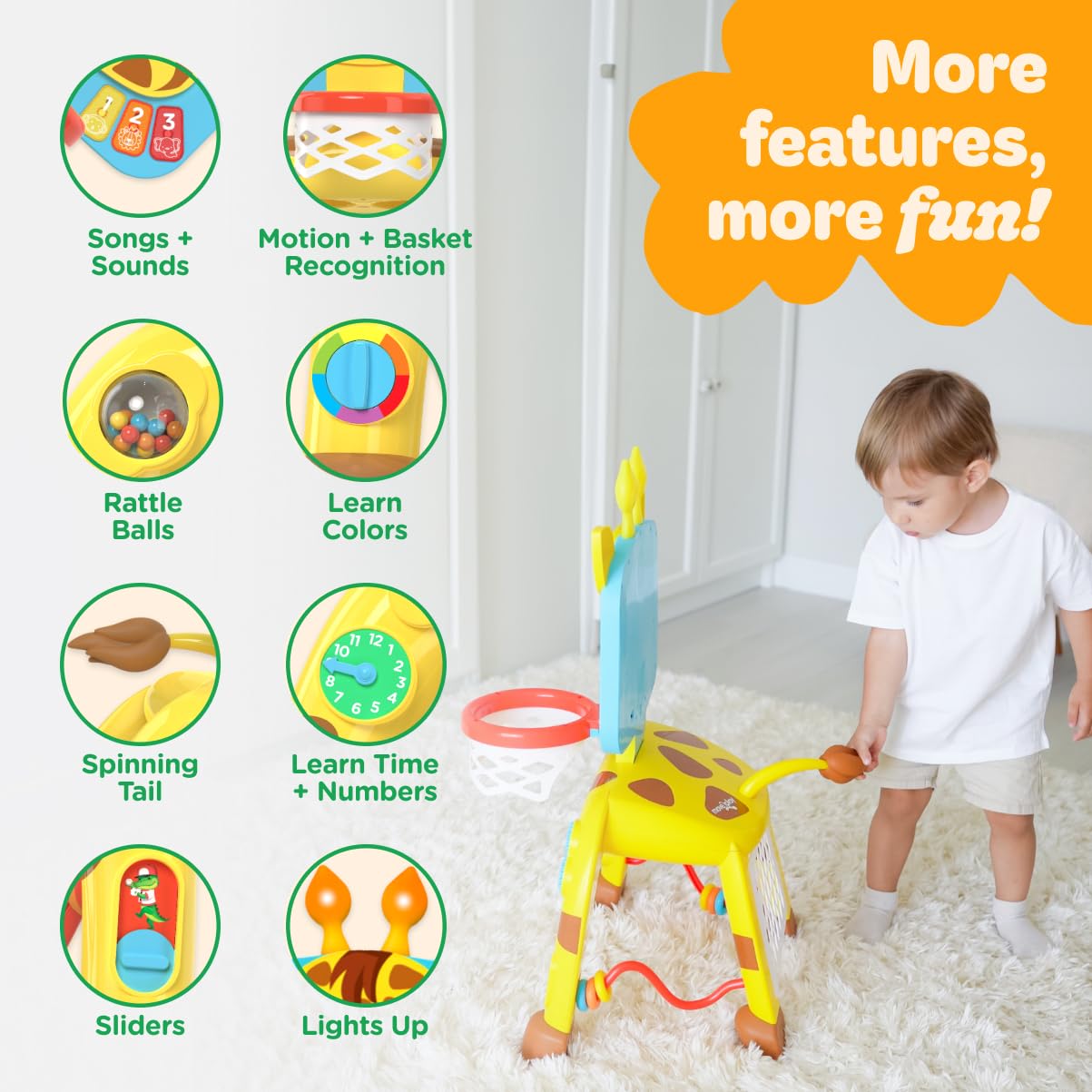 Move2Play, Dinosaur Basketball Hoop & Soccer Goal Activity Center | 30+ Sounds & Songs + 5 Lights | 1 2 3 Year Old for Boys and Girls | Toy & Gift for Baby & Toddlers