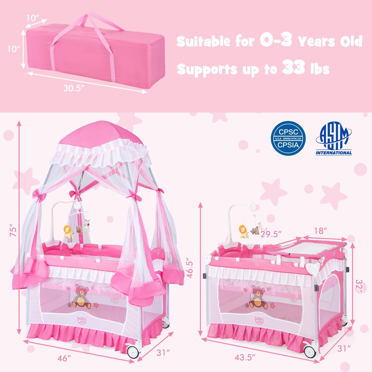 BABY JOY 4 in 1 Pack and Play with Canopy, Portable Baby Playard with Bassinet, Double-Layer Baby Crib, Wheels & Brake, Foldable Baby Girl Pink Princess Bassinet from Newborn to Toddler