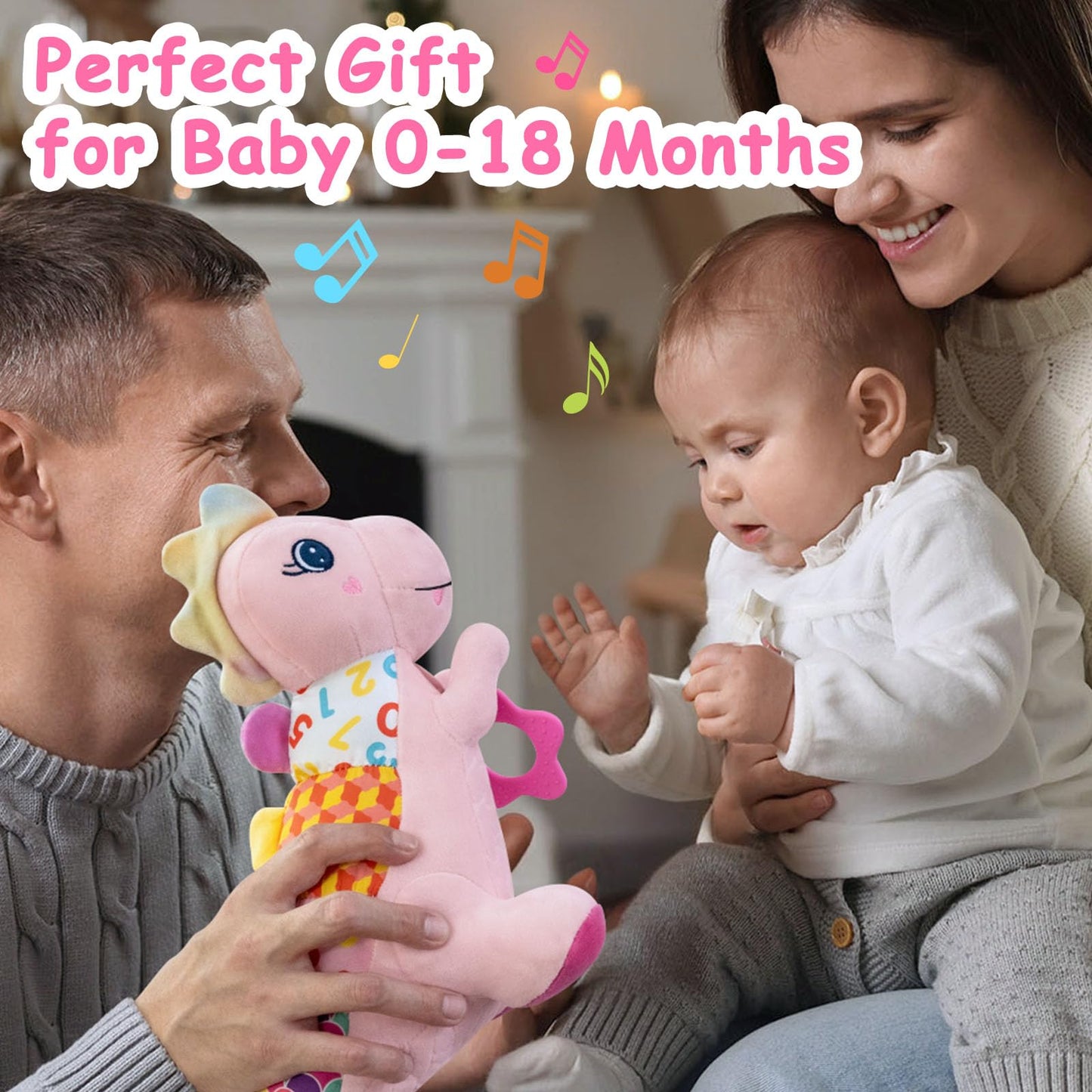 Baby Dino Plush Soft Stuffed Animal Toy for 0-3-6-12+ Months,Infant Musical Toy with Rattle,Squeaker,Sensory Crinkle,Teether & Textures,Tummy Time Toys Christmas Baby Gift for Newborn Girl Boy (Blue)