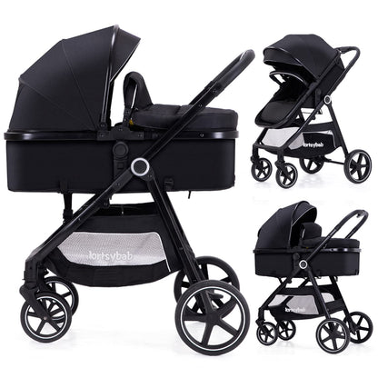 Lortsybab 2-in-1 Baby Stroller - Folding Infant Newborn Pram Stroller with Reversible Seat - Toddler Strollers for 0-36 Months Old Babies (Beige)