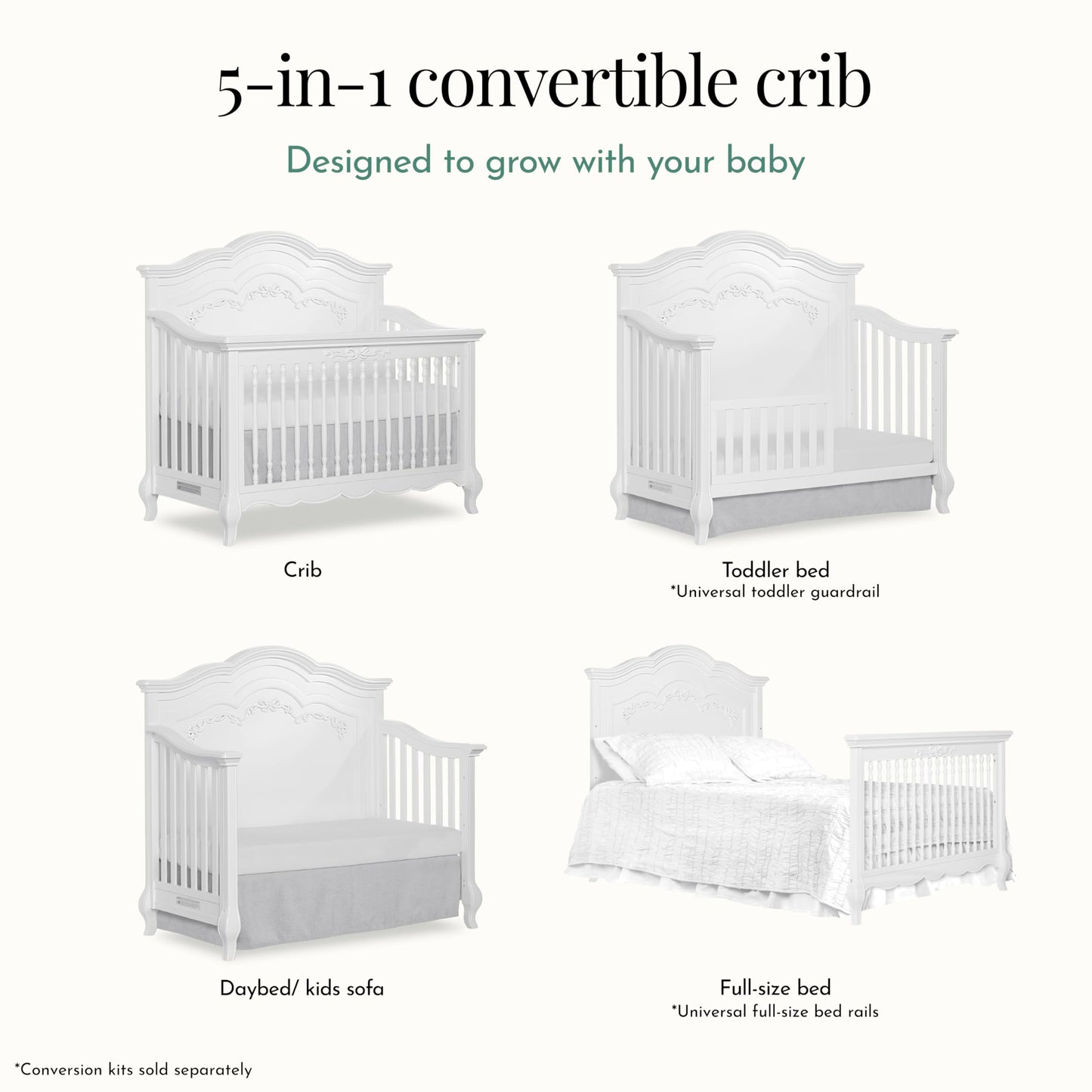 Evolur Aurora 5-in-1 Convertible Full-Size Baby Crib in Ivory Lace, GreenGuard Gold & JPMA, 3 Mattress HeightsRibbon Bow Scrollwork & Queen Anne Feet, Converts to Toddler, Day & Full-Size Bed
