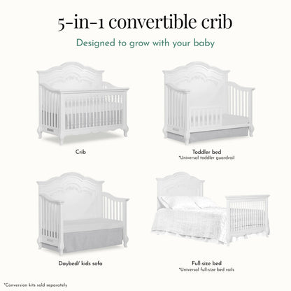 Evolur Aurora 5-in-1 Convertible Full-Size Baby Crib in Ivory Lace, GreenGuard Gold & JPMA, 3 Mattress HeightsRibbon Bow Scrollwork & Queen Anne Feet, Converts to Toddler, Day & Full-Size Bed