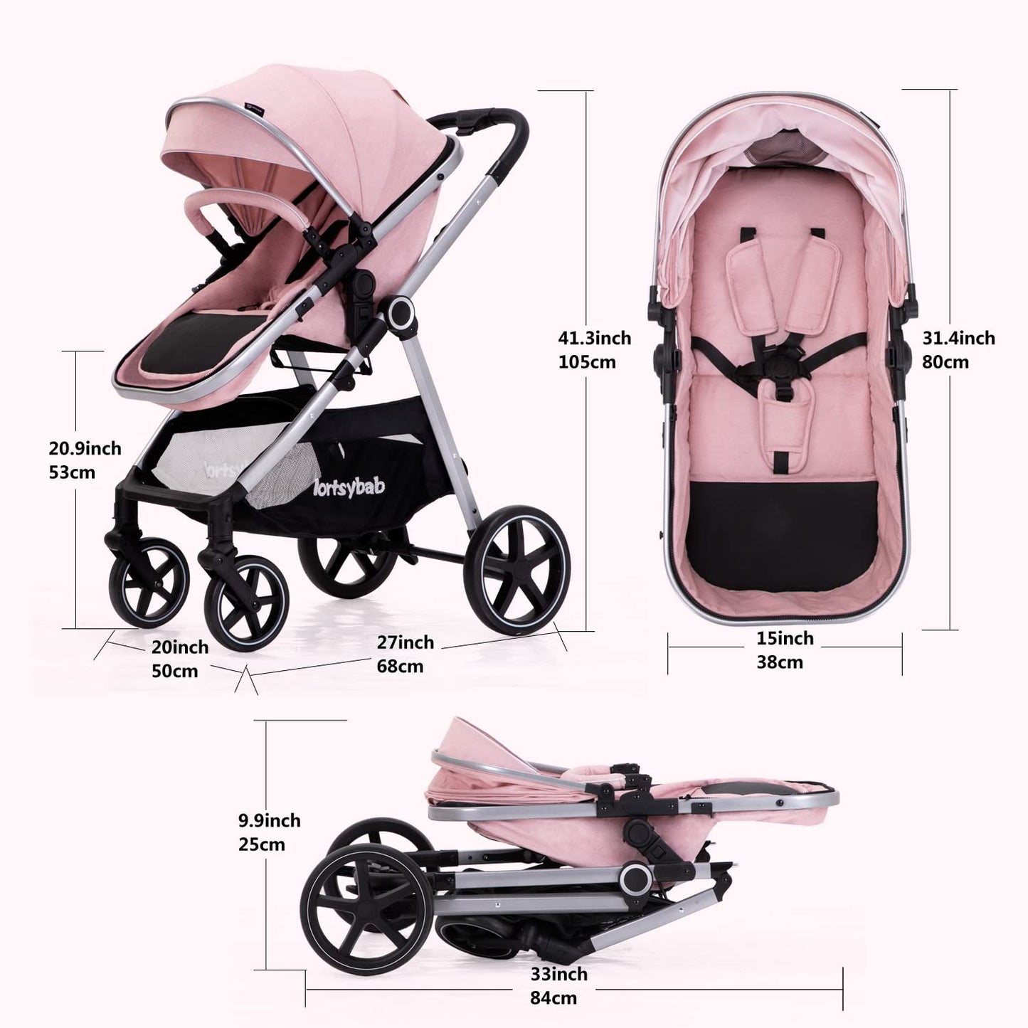 Lortsybab 2-in-1 Baby Stroller - Folding Infant Newborn Pram Stroller with Reversible Seat - Toddler Strollers for 0-36 Months Old Babies (Beige)