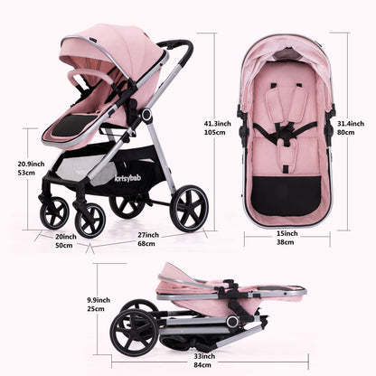 Lortsybab 2-in-1 Baby Stroller - Folding Infant Newborn Pram Stroller with Reversible Seat - Toddler Strollers for 0-36 Months Old Babies (Beige)
