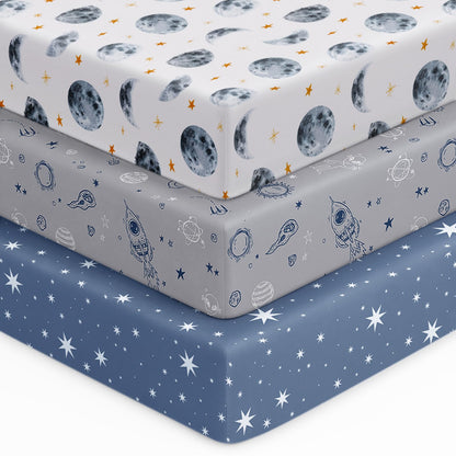 Unnivoll Baby Crib Sheets for Boys Girls, 28x52x8in Fitted Crib Sheet Neutral 3 Pack for Standard Crib and Toddler Mattress, Breathable Soft Microfiber Baby Sheet Blue Gray Planet