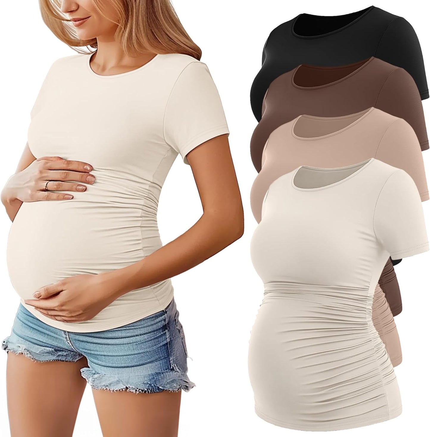 Huukeay 4 Pack Women's Maternity Shirts, Crew Neck Maternity Top Short Sleeve Casual Cotton Tee Side Ruched Pregnancy Clothes
