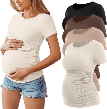 Huukeay 4 Pack Women's Maternity Shirts, Crew Neck Maternity Top Short Sleeve Casual Cotton Tee Side Ruched Pregnancy Clothes