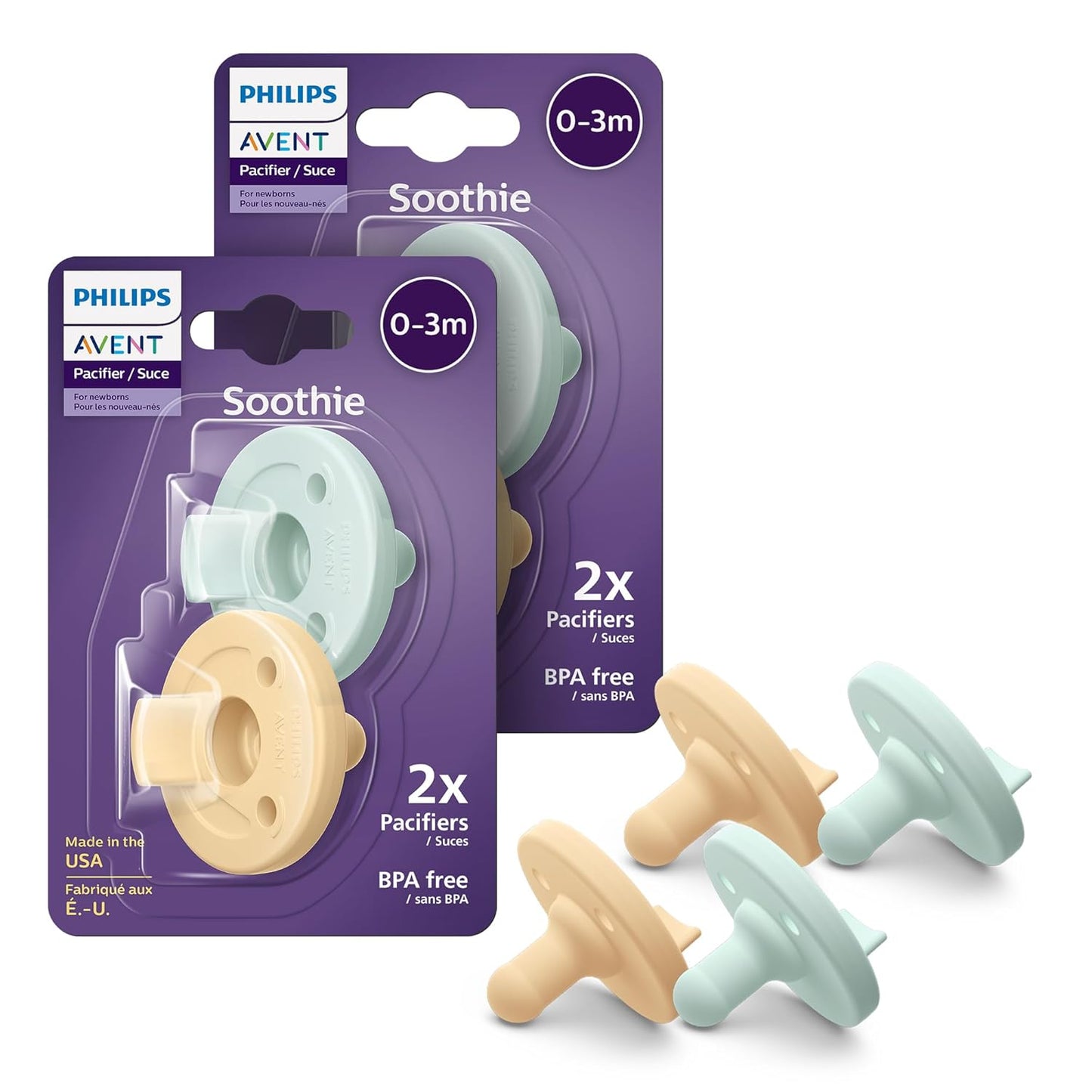Philips Avent Soothie Baby Pacifiers - 100% Silicone Pacifiers for Babies 0-3 Months, One-Piece Design, BPA-Free, Extra Durable, Green, 4 Pack, Model SCF190/41