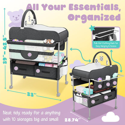 Baby Changing Table Black with Storage - Collapsible Baby Diaper Changing Station with Toy Holder, Baskets - Diaper Changing Table for Small Spaces, Portable Changing Table for Baby