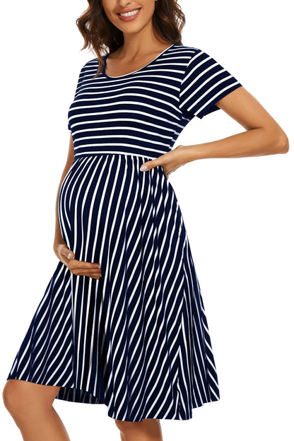 Women's Short Sleeve Maternity Dress Patchwork Pregnancy Clothes with Pockets