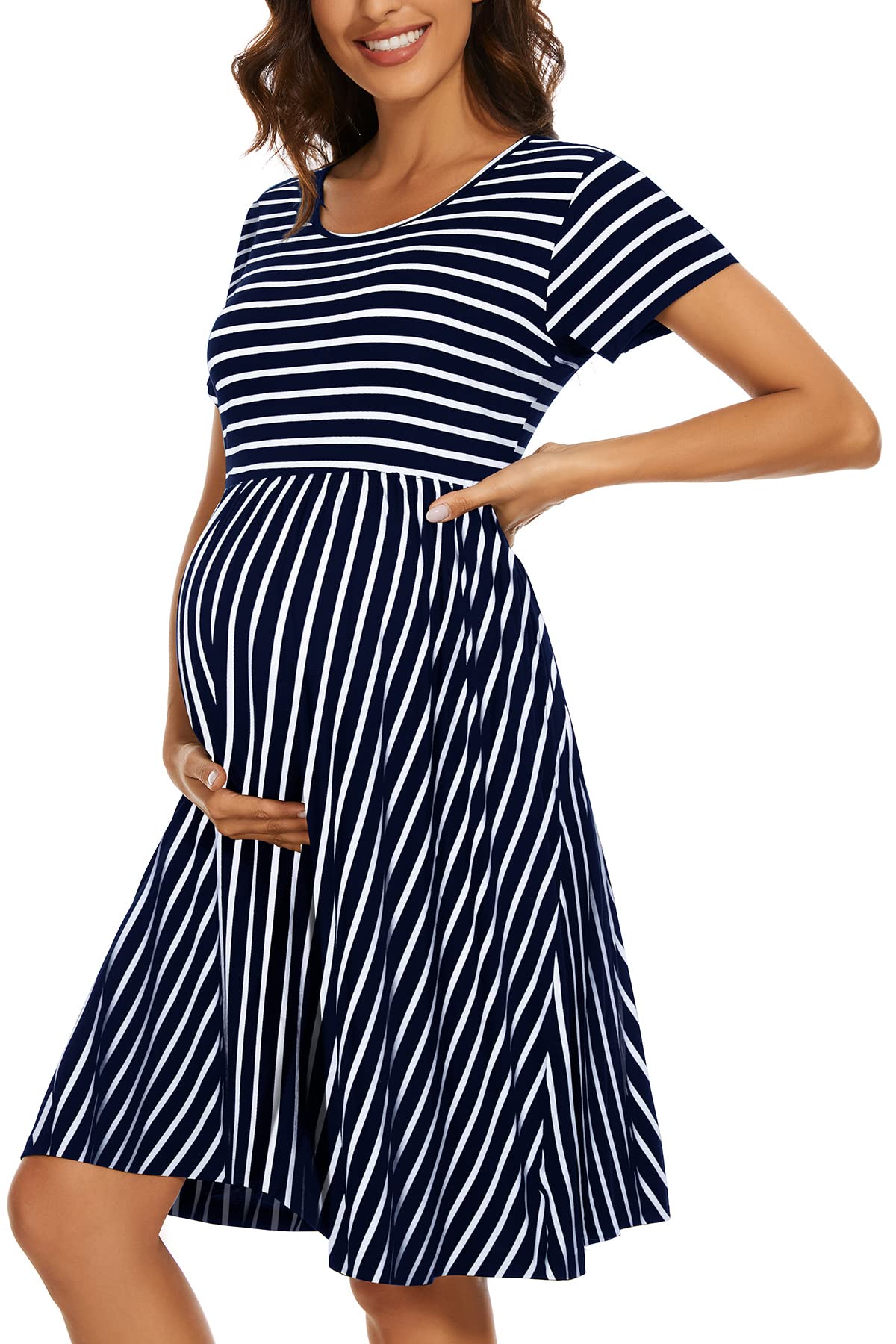Women's Short Sleeve Maternity Dress Patchwork Pregnancy Clothes with Pockets