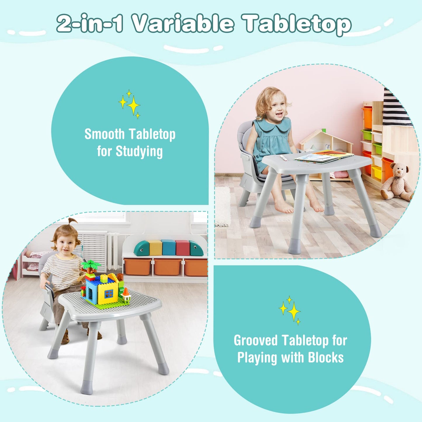 HONEY JOY 8 in 1 Baby High Chair, Convertible Highchair for Babies and Toddlers/Table and Chair Set/Building Block Table/Booster Seat/Stool/Toddler Chair with Safety Harness (Wave Gray)