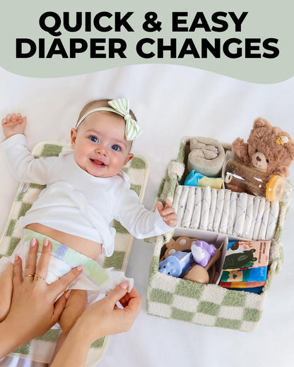 Baby Diaper Caddy Organizer with Portable Changing Mat - Teddy Fleece Diaper Organizer for Changing Table - Basket for Changing Essentials - Baby Essentials Organizer with Removable Dividers