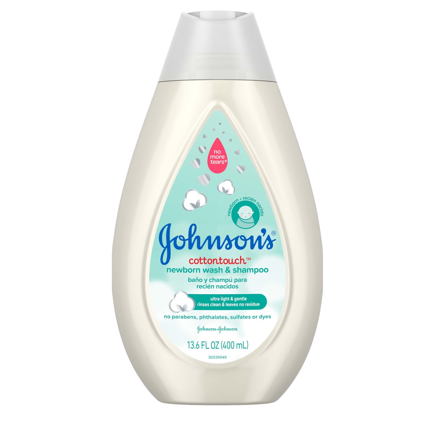 Johnson's CottonTouch Newborn Baby Body Wash & Shampoo, Gentle & Tear-Free, Made with Real Cotton, Gently Washes Away Dirt & Germs, for Sensitive Skin, Baby Essentials, 13.6 fl. oz