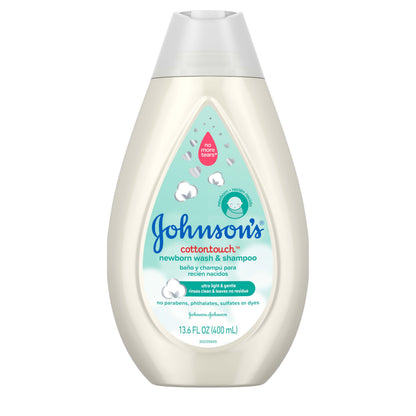 Johnson's CottonTouch Newborn Baby Body Wash & Shampoo, Gentle & Tear-Free, Made with Real Cotton, Gently Washes Away Dirt & Germs, for Sensitive Skin, Baby Essentials, 13.6 fl. oz
