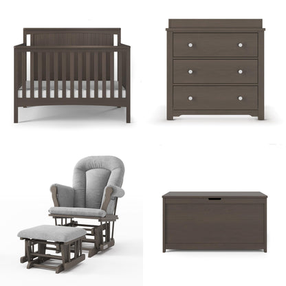 Child Craft Scout 4-in-1 Convertible Baby Crib Nursery Furniture Set - Baby Bed, Dresser with Changing Table Topper, Glider Chair, and Toy Box for Babies, Toddlers and Kids (4 Piece - Dapper Gray)