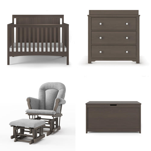 Child Craft Scout 4-in-1 Convertible Baby Crib Nursery Furniture Set - Baby Bed, Dresser with Changing Table Topper, Glider Chair, and Toy Box for Babies, Toddlers and Kids (4 Piece - Dapper Gray)