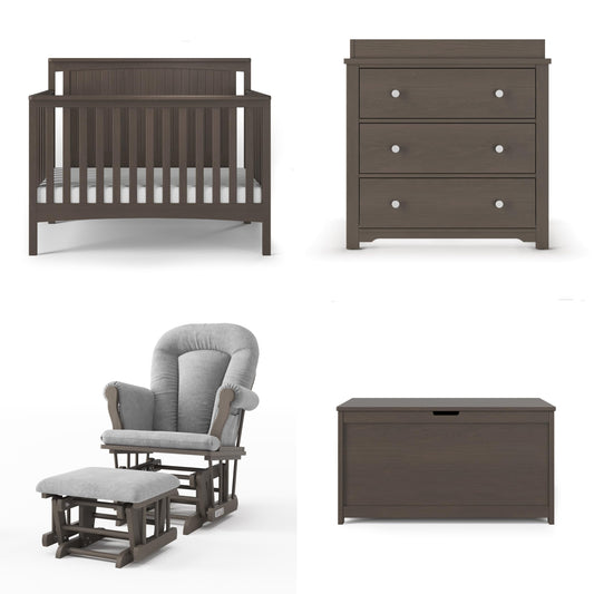 Child Craft Scout 4-in-1 Convertible Baby Crib Nursery Furniture Set - Baby Bed, Dresser with Changing Table Topper, Glider Chair, and Toy Box for Babies, Toddlers and Kids (4 Piece - Dapper Gray)