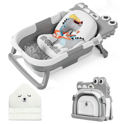 MoreFeel Collapsible Baby Bathtub for Newborn with Thermometer & 1 Hooded Towel & 1 Soft Floating Cushion,Portable Travel Bathtub with Drain Hole, Durable Foldable Baby Tubs for Infants to Toddler