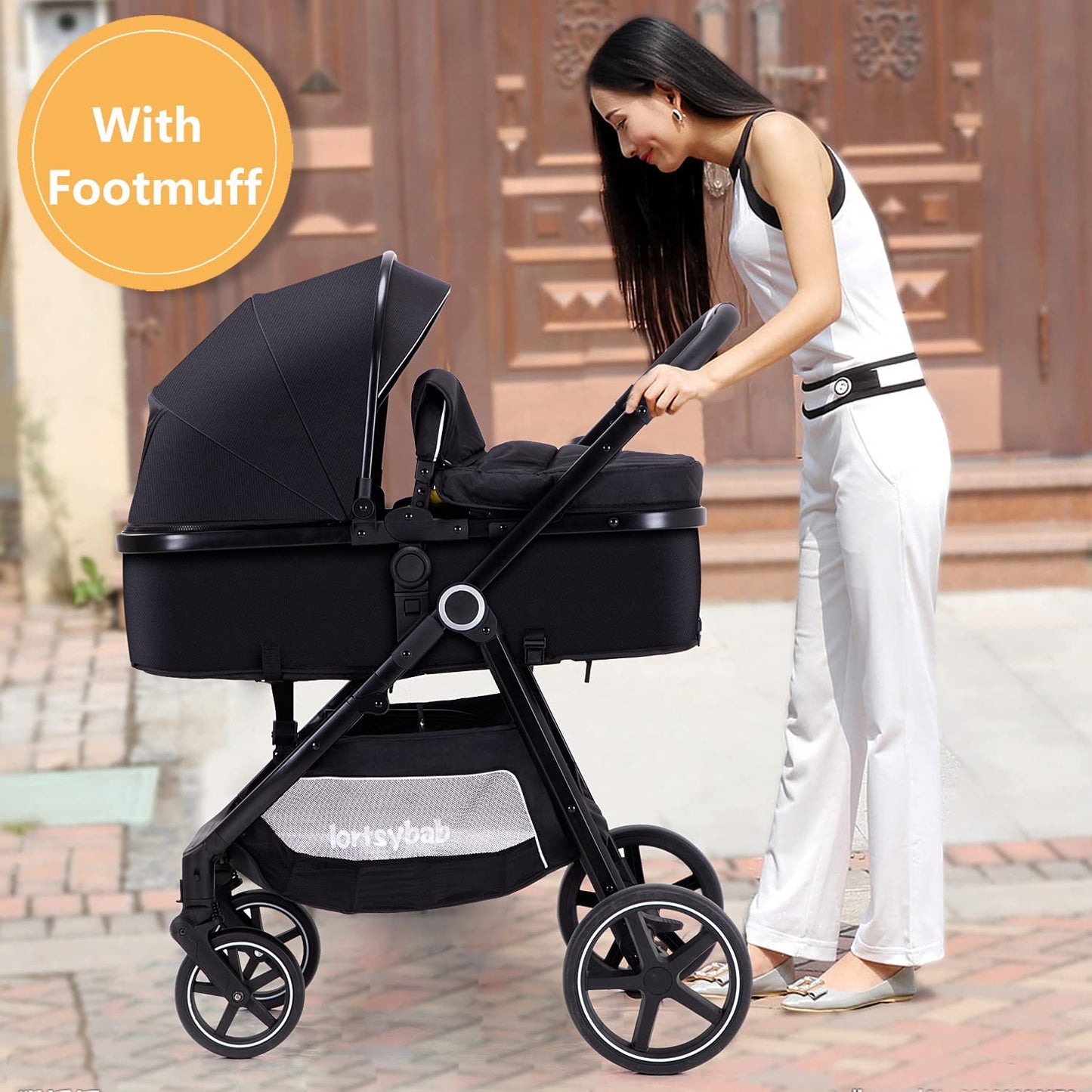 Lortsybab 2-in-1 Baby Stroller - Folding Infant Newborn Pram Stroller with Reversible Seat - Toddler Strollers for 0-36 Months Old Babies (Beige)