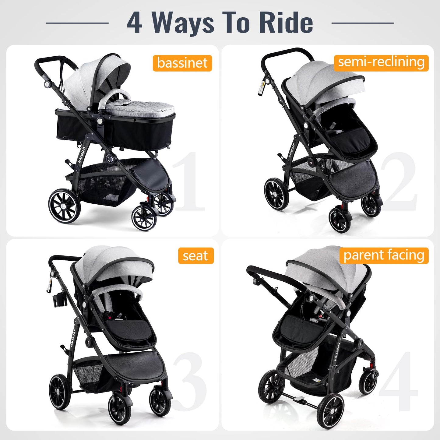 Hagaday Baby Stroller, 2-in-1 Reversible Toddler Seat with Bassinet Mode, Foldable Infant Stroller with Canopy, One Button Brake, Adjustable Handle, Newborn Pushchair(Blue)