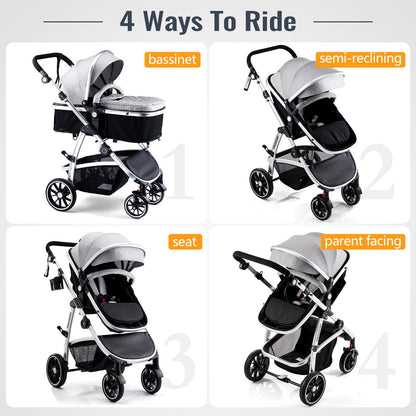 Hagaday Baby Stroller, 2-in-1 Reversible Toddler Seat with Bassinet Mode, Foldable Infant Stroller with Canopy, One Button Brake, Adjustable Handle, Newborn Pushchair(Blue)