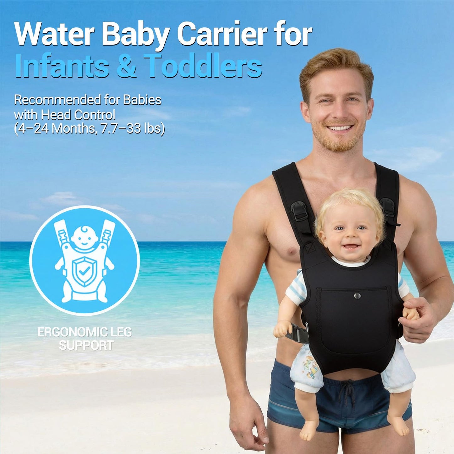 Neoprene Water Baby Carrier Newborn to Toddler, Ergonomic Waterproof Infant Chest Holder with Adjustable Straps, Breathable & Lightweight Baby Wearing Gear for Summer Pool Swimming & Beach