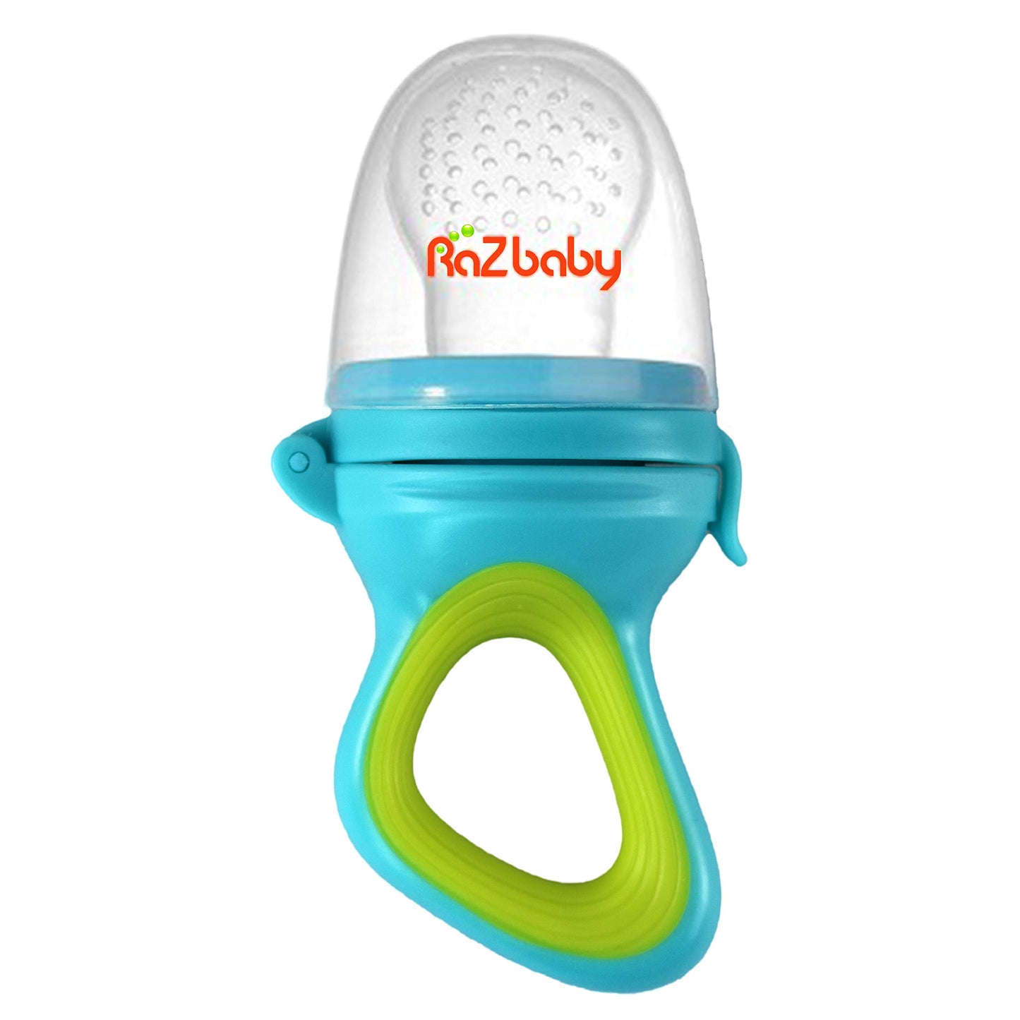 RaZbaby Baby Solids/Frozen Fruit Feeder Pacifier, Infant Teether Toy 6M+, BPA-Free, Safely Introduce Solids, Natural Teething Relief, Dishwasher Safe, Freezable – Blue & Orange 2-Pack