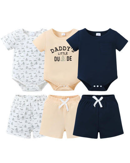 Jecson Newborn Boy Clothes Baby Boy Outfits Summer Set 6-Piece Cotton Short Sleeve Top and Shorts for 0-18M