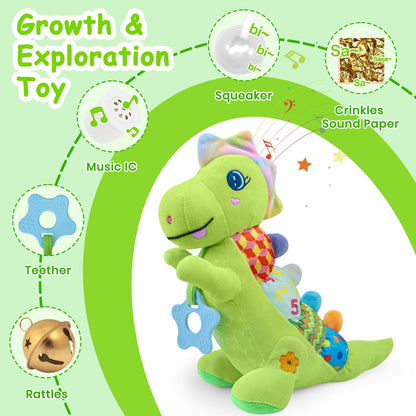 Baby Dino Plush Soft Stuffed Animal Toy for 0-3-6-12+ Months,Infant Musical Toy with Rattle,Squeaker,Sensory Crinkle,Teether & Textures,Tummy Time Toys Christmas Baby Gift for Newborn Girl Boy (Blue)