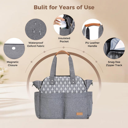 Lekebaby Diaper Bag Tote, 17 Pockets Large Travel Diaper Tote Waterproof with Portable Changing Pad, Mom Crossbody Hospital Bag for Labor Delivery, Baby Essentials for Newborn Gifts, Grey