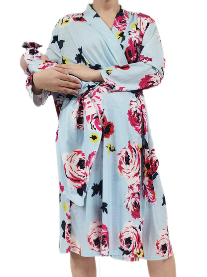 SUFEINI Maternity Robe and Matching Baby Swaddle Blanket Set, Mommy Robe with Receiving Blanket Girls Boys Sleepwear