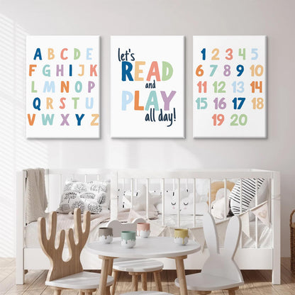 Kids Playroom Wall Art Decor Nursery ABC Alphabet Poster Play Room Canvas Wall Decor Toddler Childrens Educational Artwork Numbers Shapes Prints ABC Picture for Playroom 12x16 Inch Unframed Set of 3