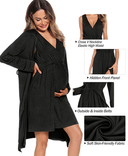 SWOMOG Women Maternity Nursing Gown and Robe Set 3 in 1 Labor Delivery Nursing Nightgown for Breastfeeding Hospital Bathrobe