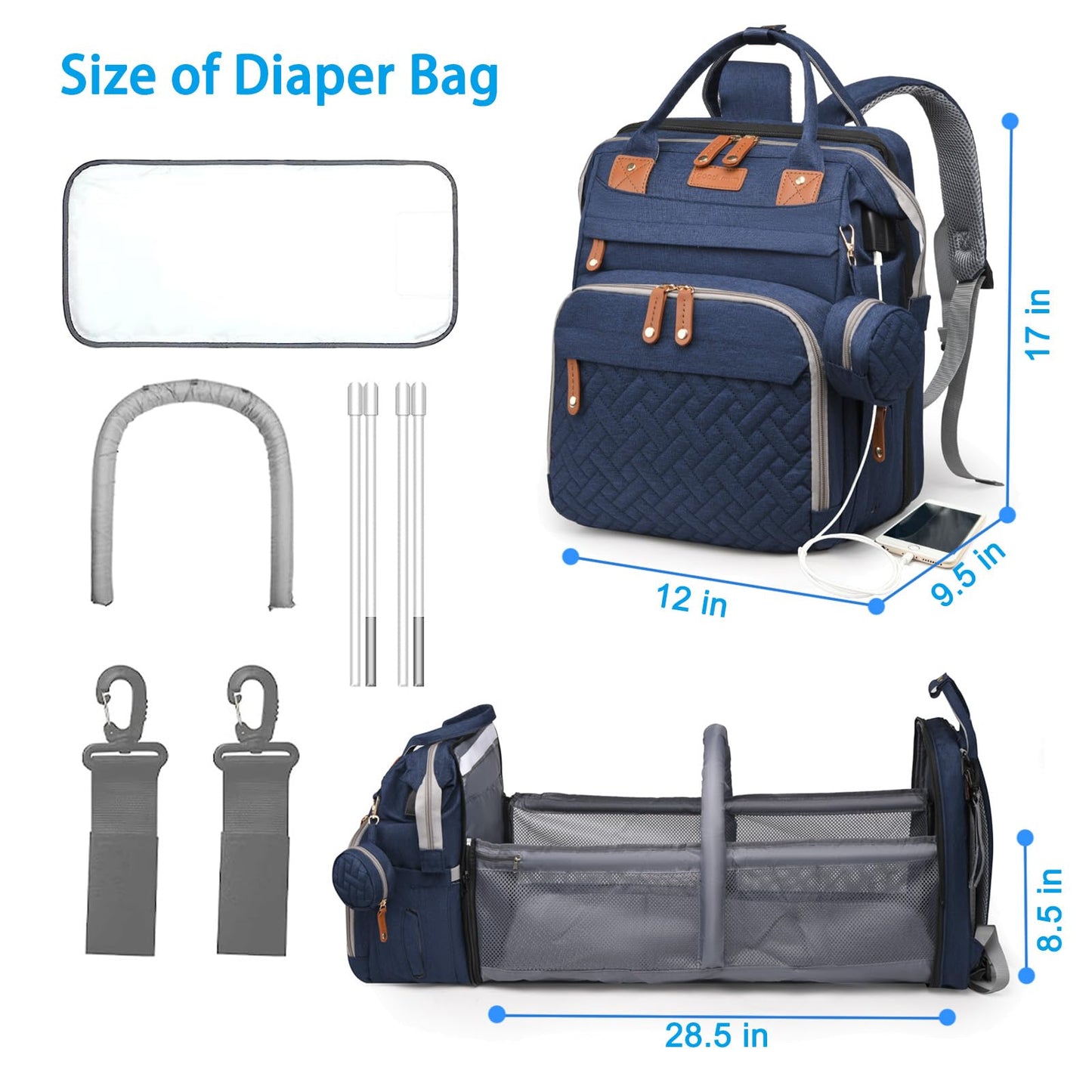 Jeryswet Baby Diaper Bags with Changing Station, Waterproof Large Capacity Diaper Bag Backpack for Moms Dads with USB Charging Port and Stroller Straps, Baby Shower Gifts, Grey