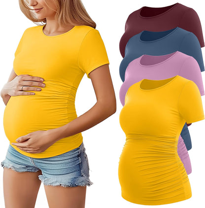 Huukeay 4 Pack Women's Maternity Shirts, Crew Neck Maternity Top Short Sleeve Casual Cotton Tee Side Ruched Pregnancy Clothes