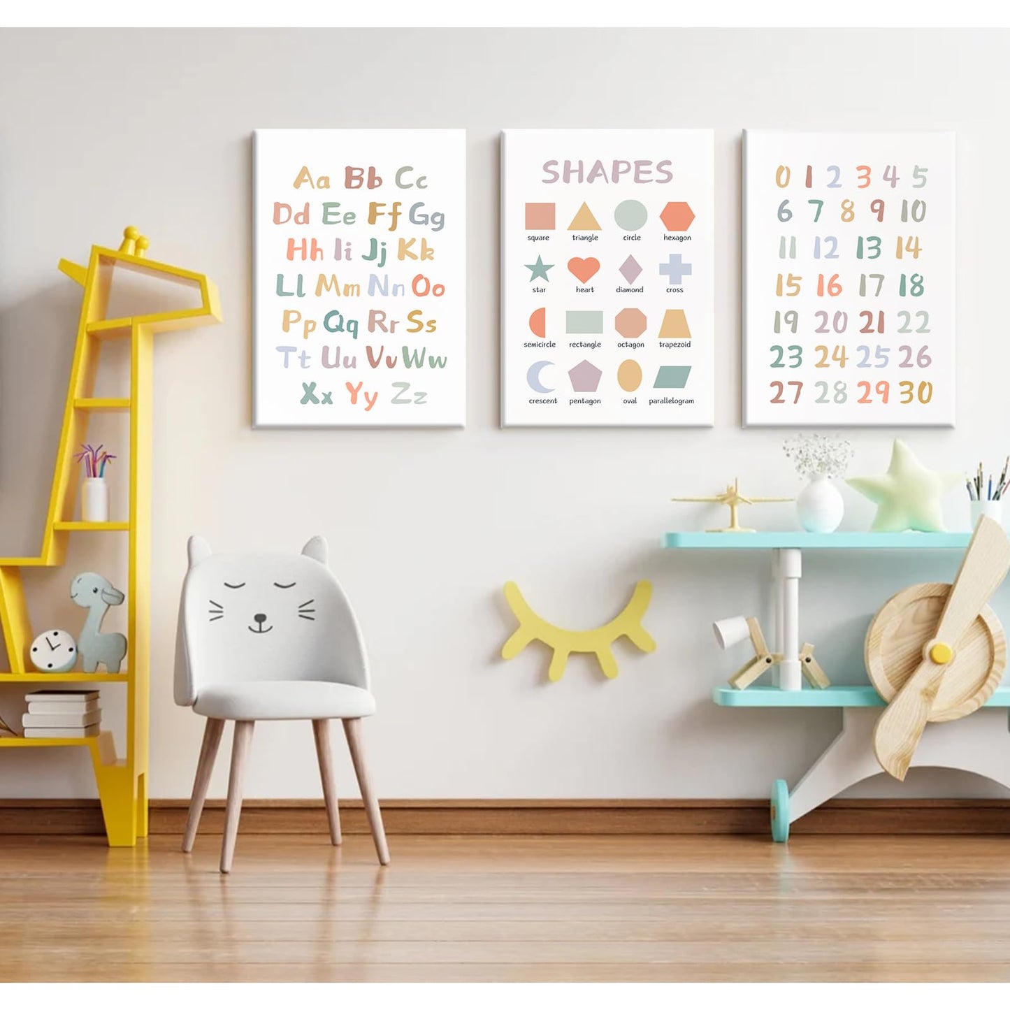 Kids Playroom Wall Art Decor Nursery ABC Alphabet Poster Play Room Canvas Wall Decor Toddler Childrens Educational Artwork Numbers Shapes Prints ABC Picture for Playroom 12x16 Inch Unframed Set of 3