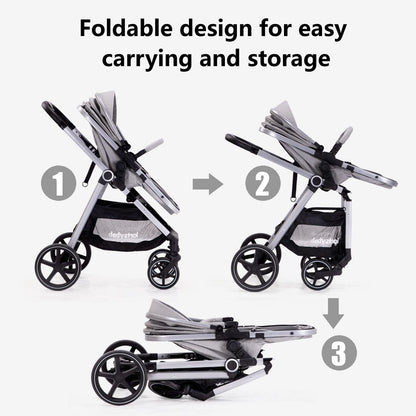 Lortsybab 2-in-1 Baby Stroller - Folding Infant Newborn Pram Stroller with Reversible Seat - Toddler Strollers for 0-36 Months Old Babies (Beige)