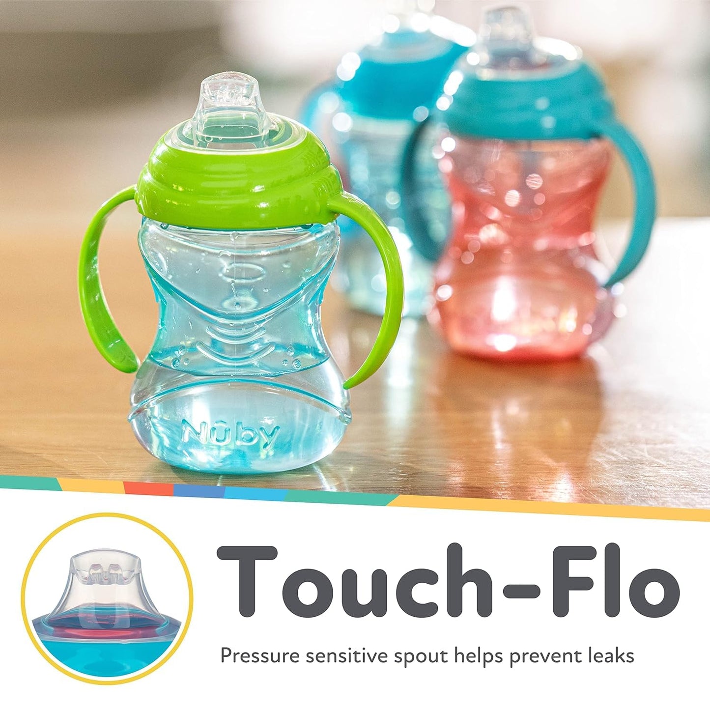 Nuby Clik-It Grip N' Sip Soft Spout No-Spill Training Sippy Cup with Handles - (3-Pack) 10 oz - 4+ Months - Aqua/Purple/Pink