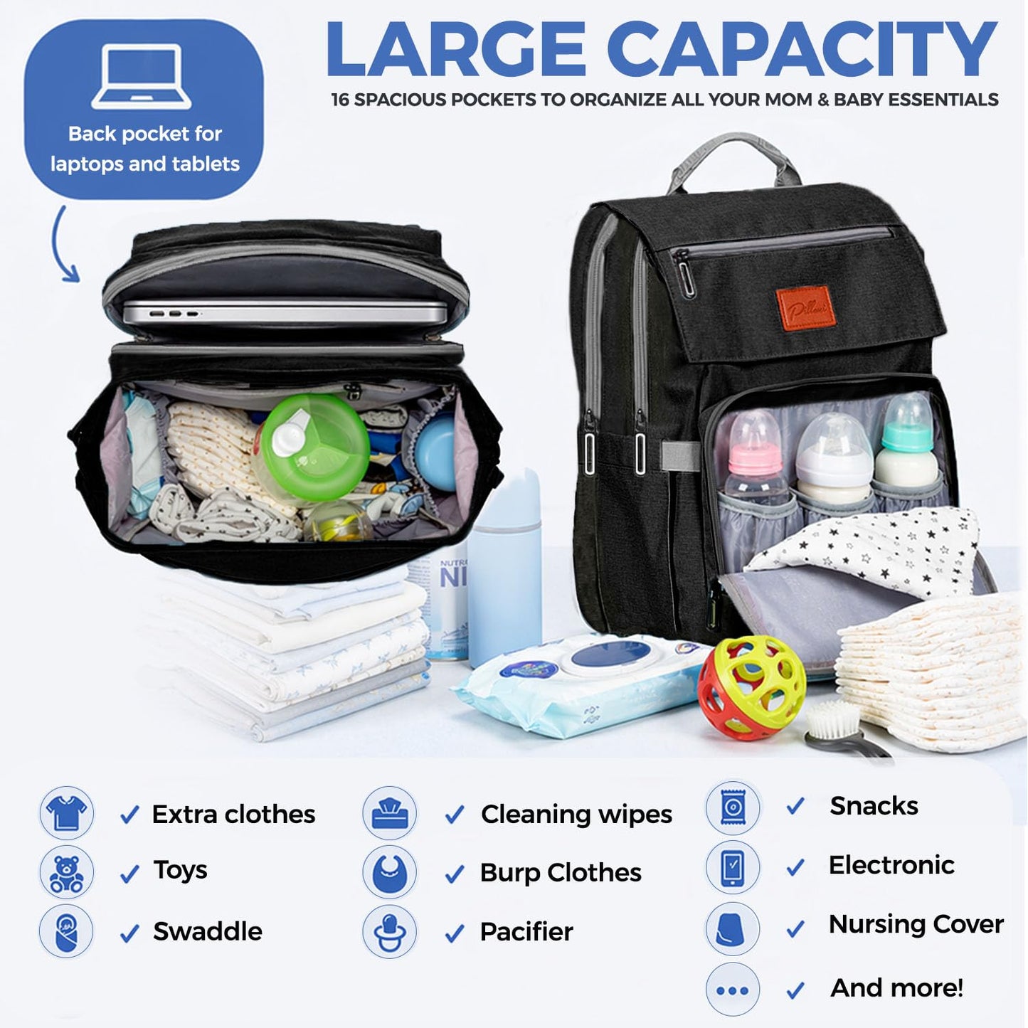 PILLANI Baby Diaper Bag Backpack - Baby Bag for Girls & Boys, Large Waterproof Toddler Diaper Backpack - Baby Shower Gifts & Registry Must Haves - Travel Diaper Bags with Changing Pad - Newborn Stuff